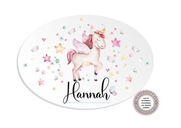 Preview: zauberhaftes ovales Türschild mit Einhorn und Wunschname, Kinderzimmer- zur Einschulung, Geburtstag, Taufe, Lüttentüddel®